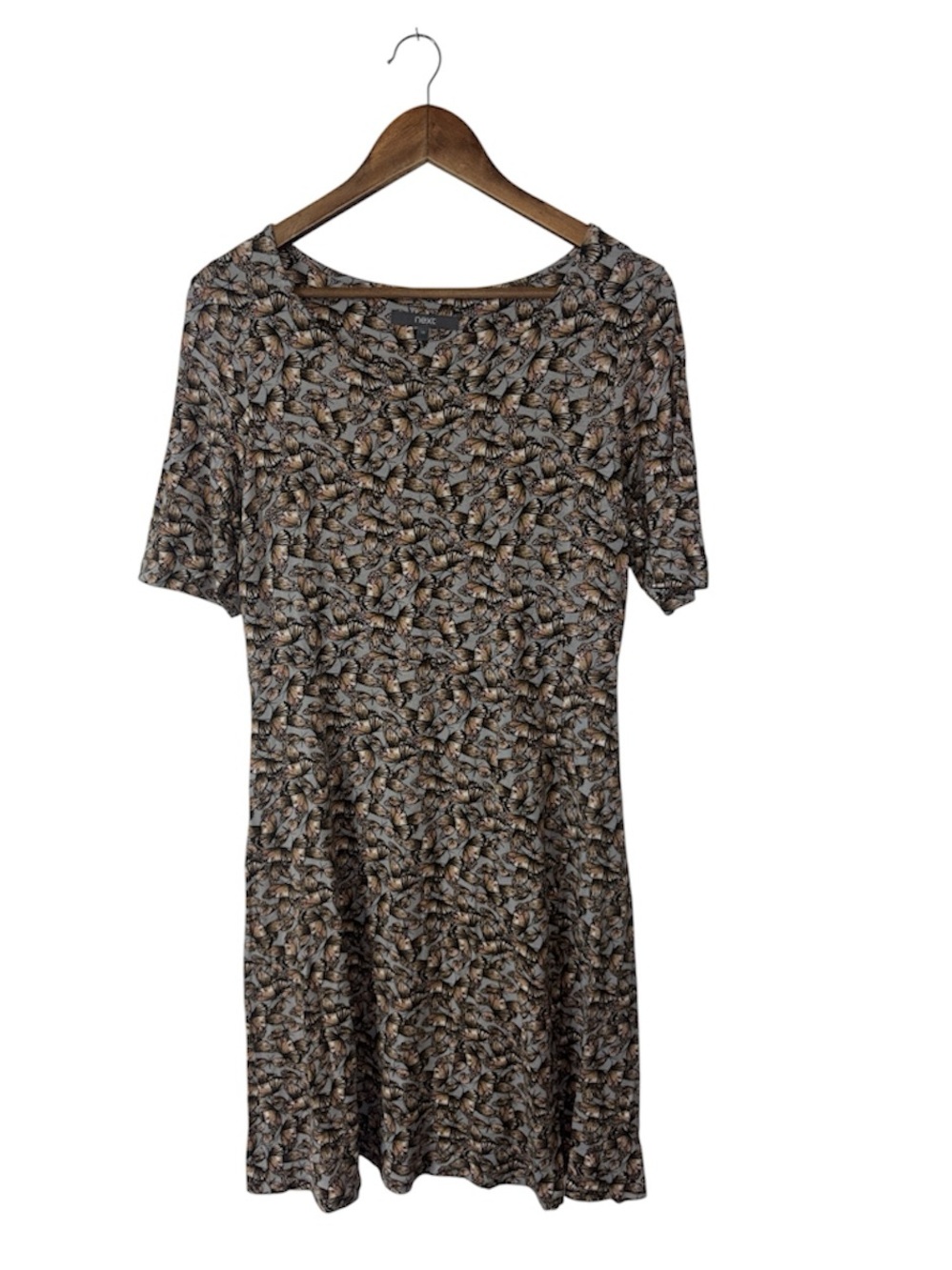 Next Gray and Brown Butterfly Print Short Sleeve Midi Length Dress Size 14 Boho